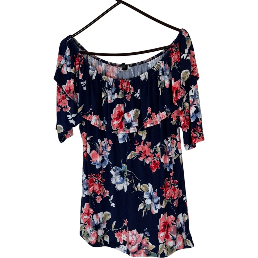 Banabee Womens Off Shoulder Floral Ruffle Top Navy Pink Blue Short Sleeve Size M - Picture 5 of 12